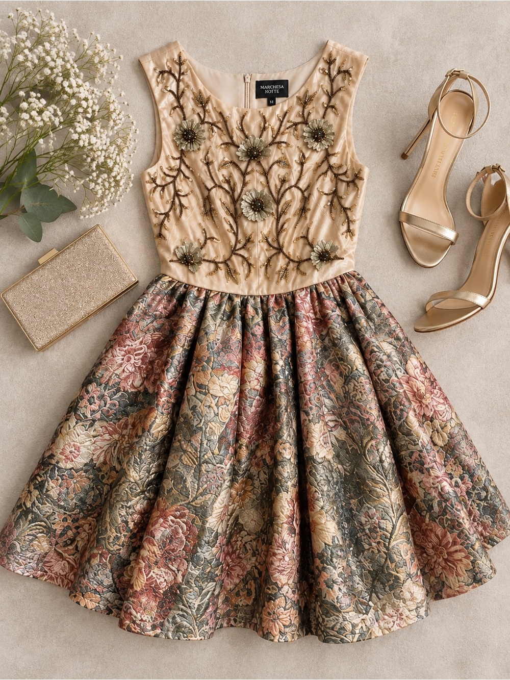 Marchesa Notte Embellished Metallic Floral Brocade Cocktail Mini Dress 12 NWT